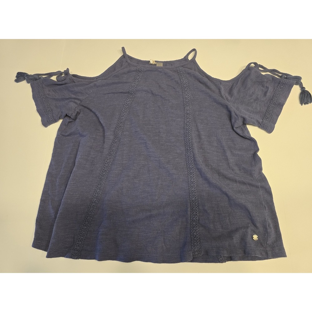 WOMENS ROXY‎ OFF BLUE COLD SHOULDER KNIT SHORT SLEEVE TOP BLOUSE SZ M